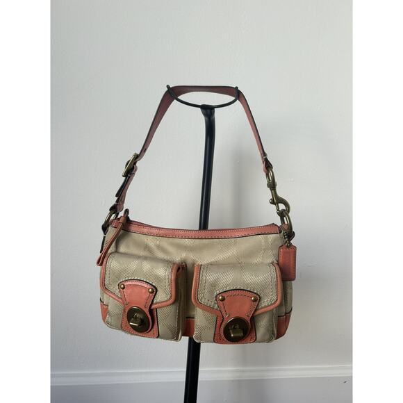 RARE Y2K COACH Legacy Signature Beige Coral/Pink Leather Shoulder Bag w/Turnlock - Picture 3 of 16